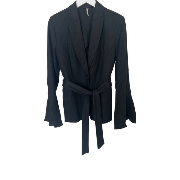 Free People Black Linen Blend Belted Blazer With Flare Sleeves - Picture 3 of 9